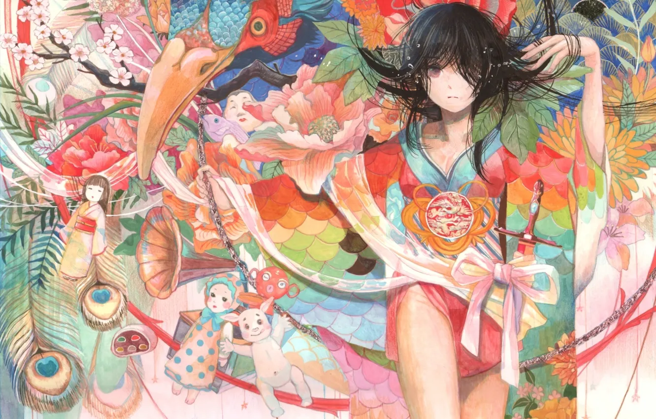 Photo wallpaper girl, flowers, toys, doll, anime, art, kimono, halo