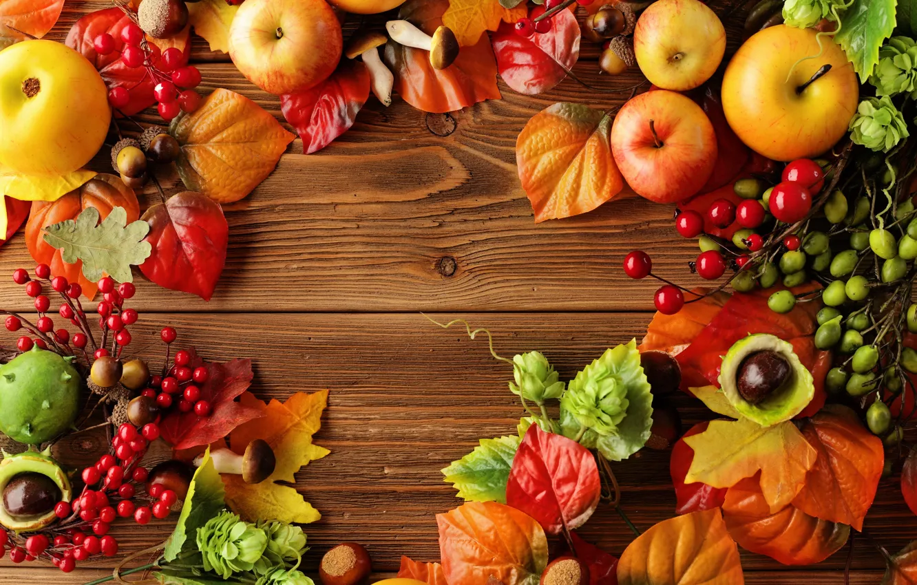 Photo wallpaper autumn, leaves, apples, still life, autumn, leaves, fruit, still life