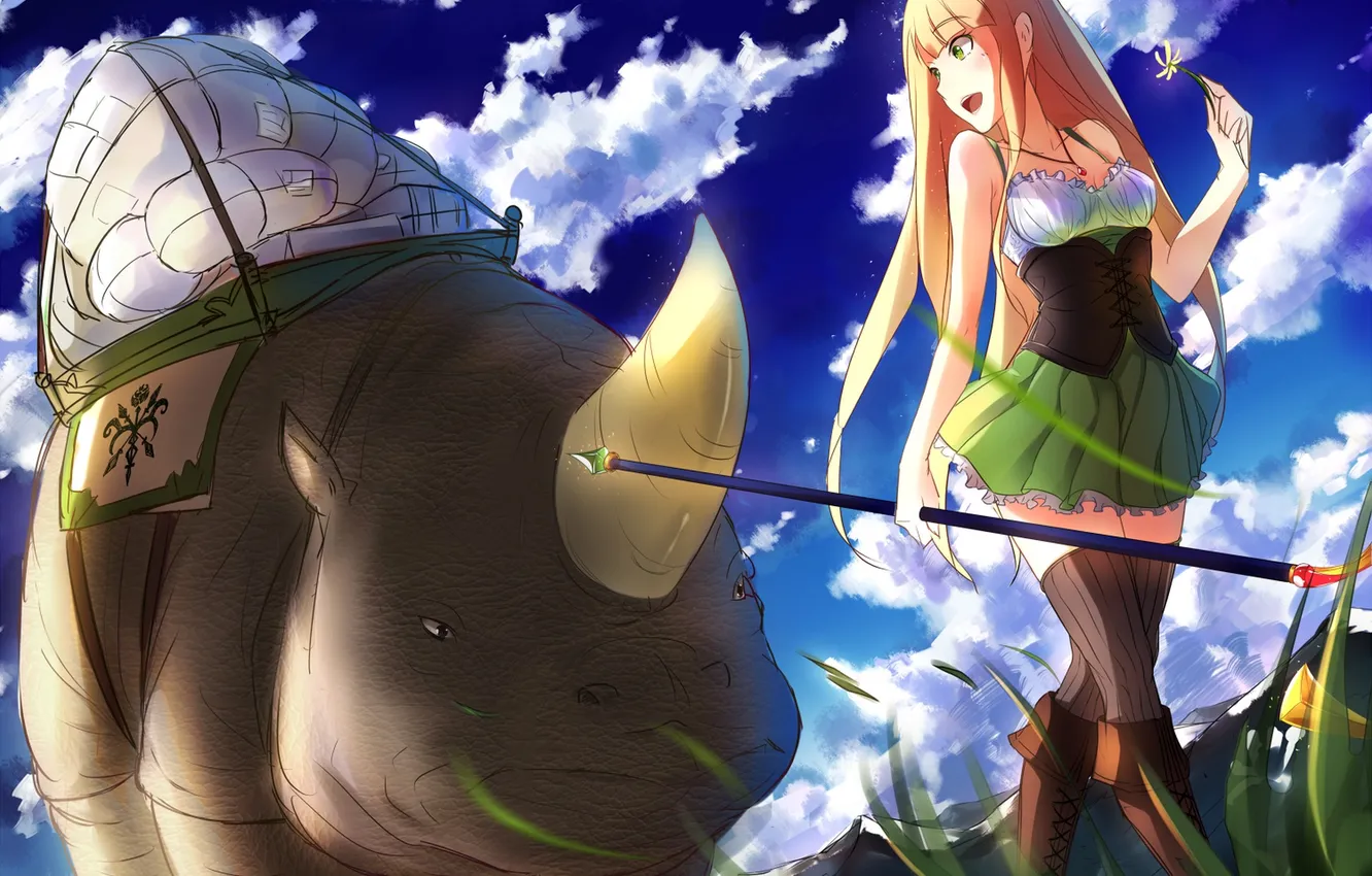Photo wallpaper the sky, girl, clouds, animal, anime, art, horns, staff