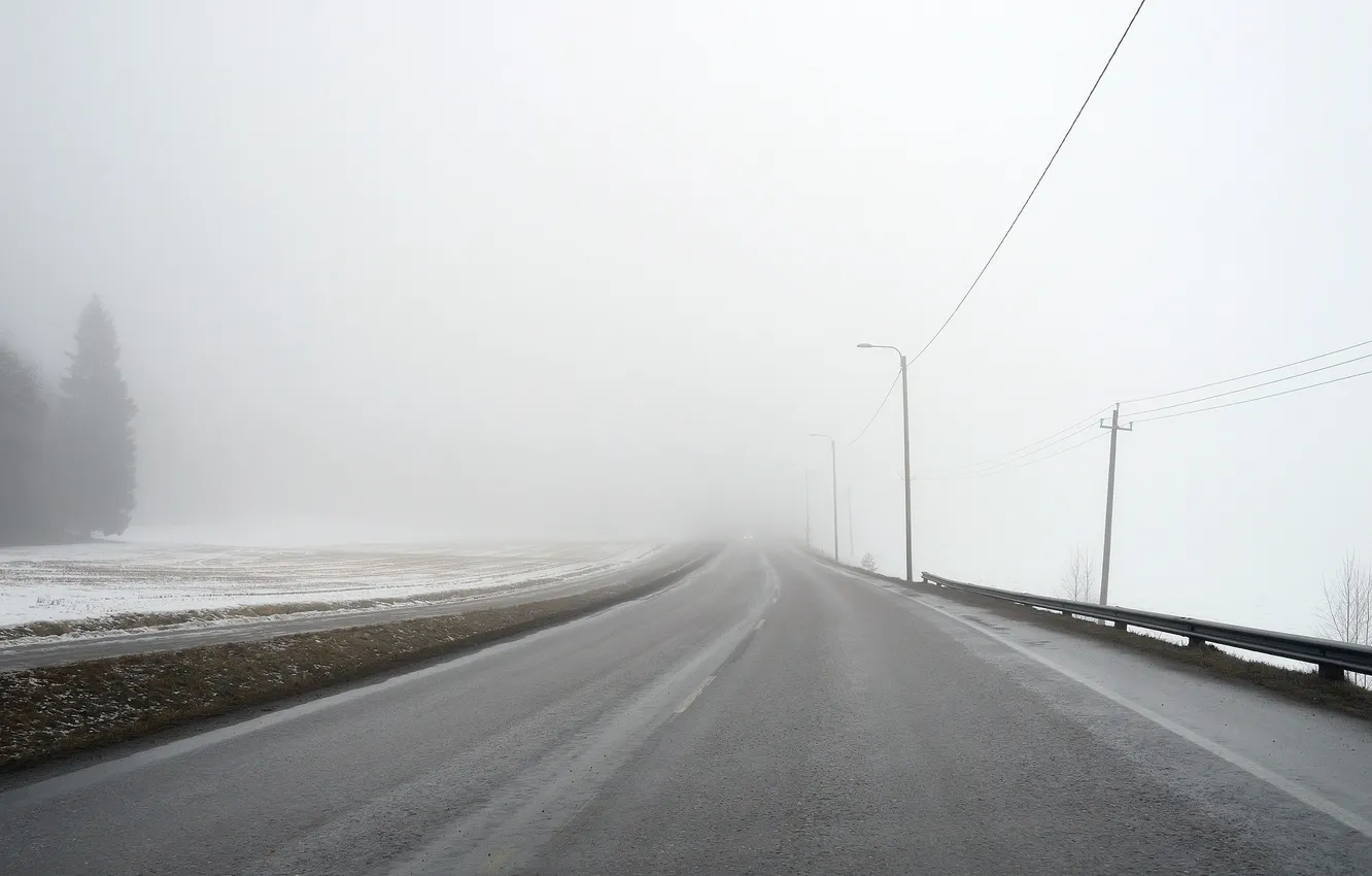 Photo wallpaper winter, road, fog