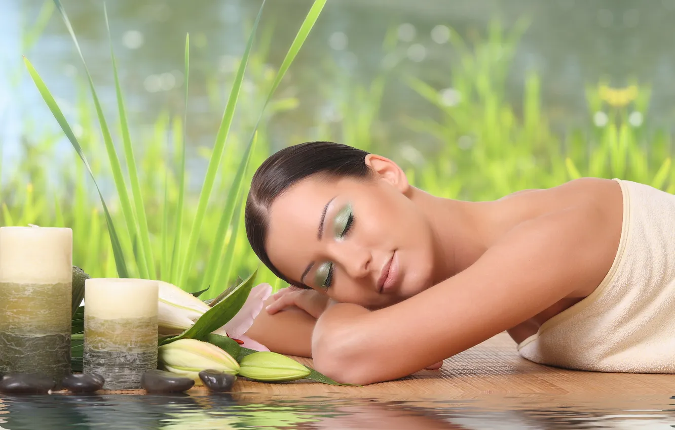 Photo wallpaper girl, flowers, stones, candles, brunette, peace, Spa