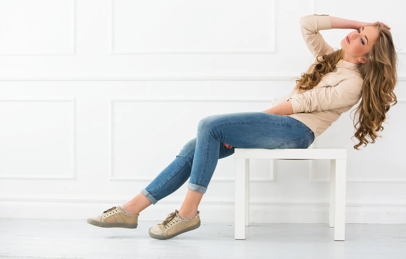 Photo wallpaper girl, beautiful, jeans, look, cute, long-haired