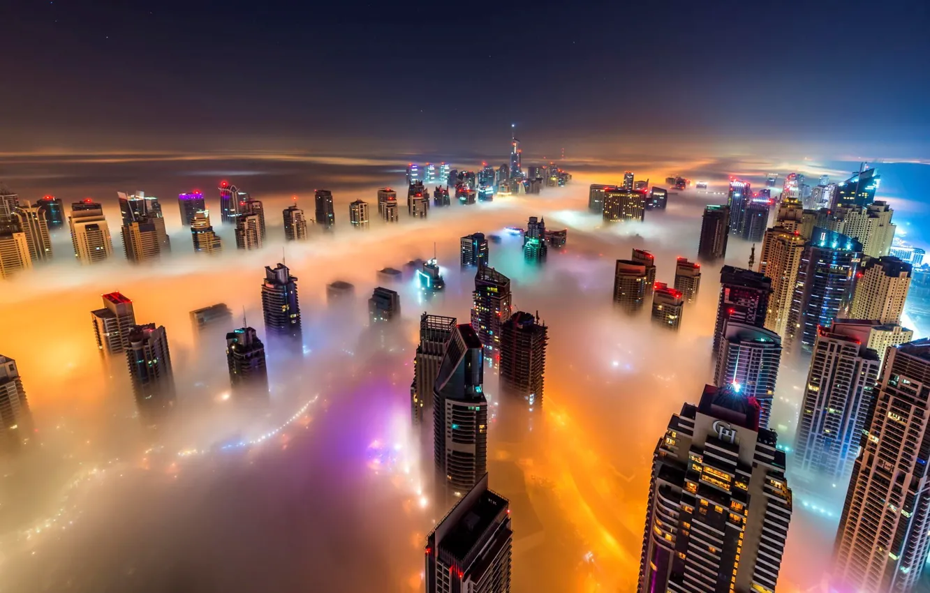 Photo wallpaper sea, light, night, the city, fog, skyscrapers