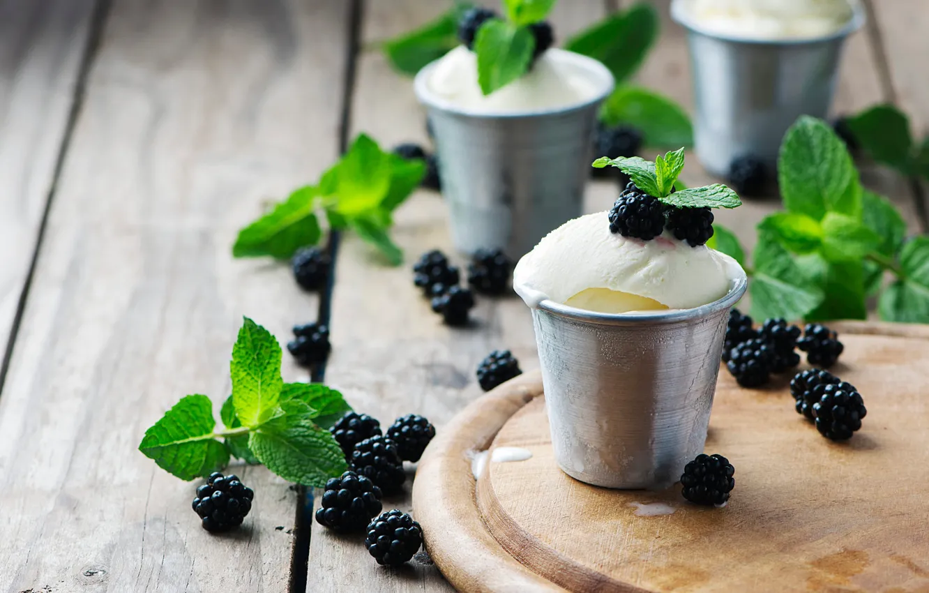 Photo wallpaper greens, berries, Board, food, ice cream, leaves, Cup, mint