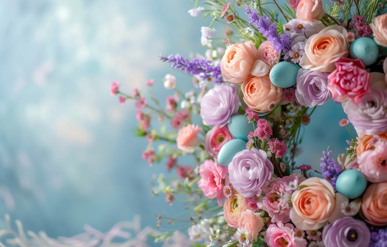 Photo wallpaper flowers, holiday, roses, eggs, spring, Easter, pink, wreath