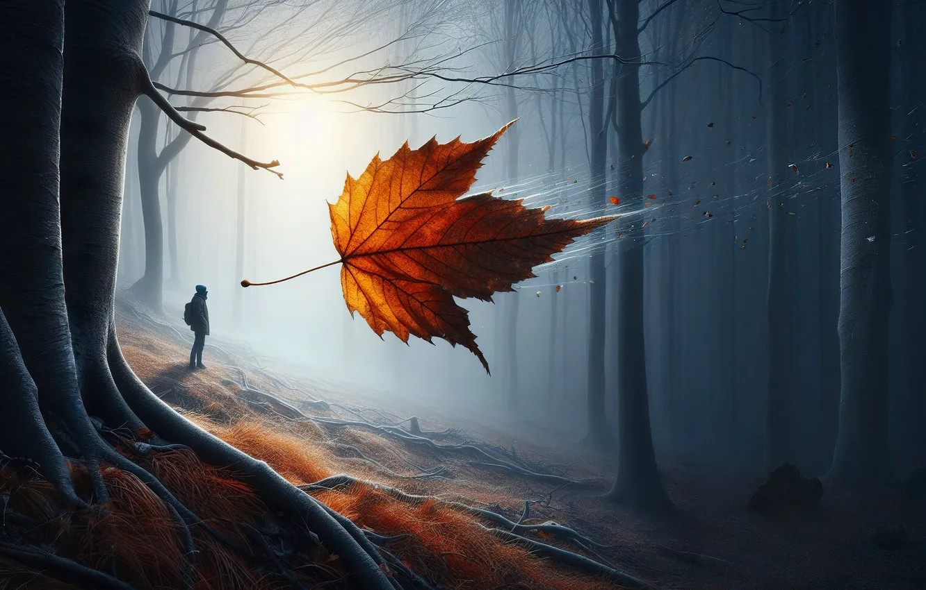 Photo wallpaper autumn, forest, fog, people, AI art, Autumn leaf