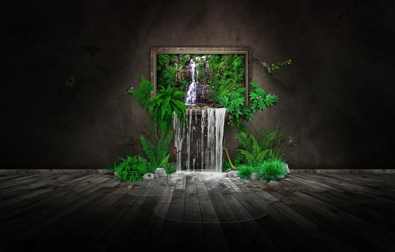 Photo wallpaper greens, nature, butterfly, waterfall, picture, photomanipulation