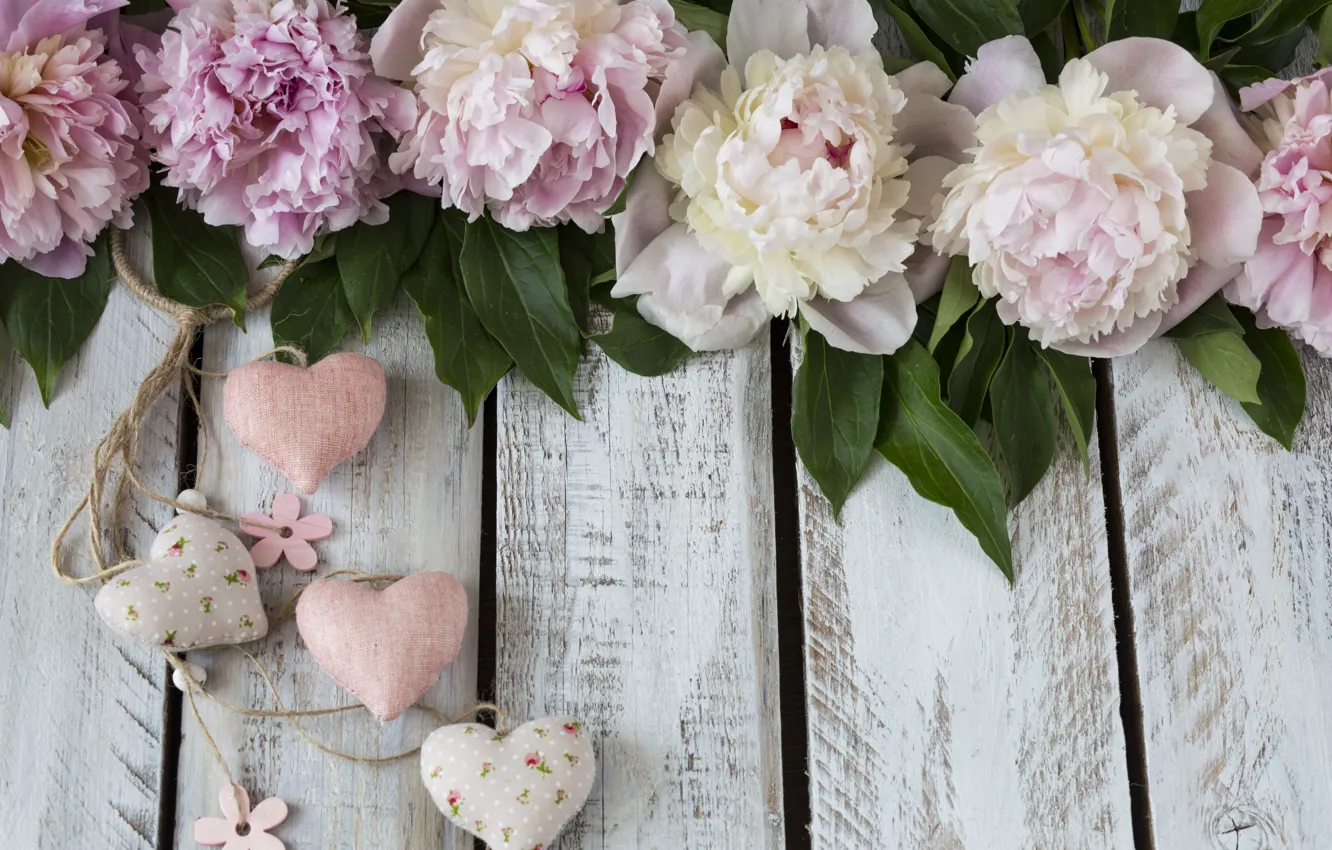 Photo wallpaper flowers, hearts, peonies, composition
