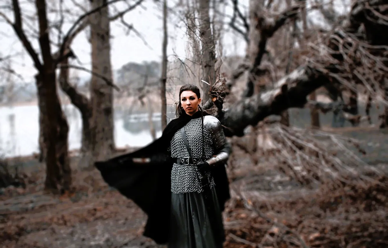 Photo wallpaper girl, trees, lake, costume, outfit, image, cloak, mail