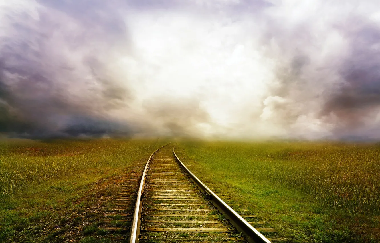 Photo wallpaper grass, landscape, fog, railway