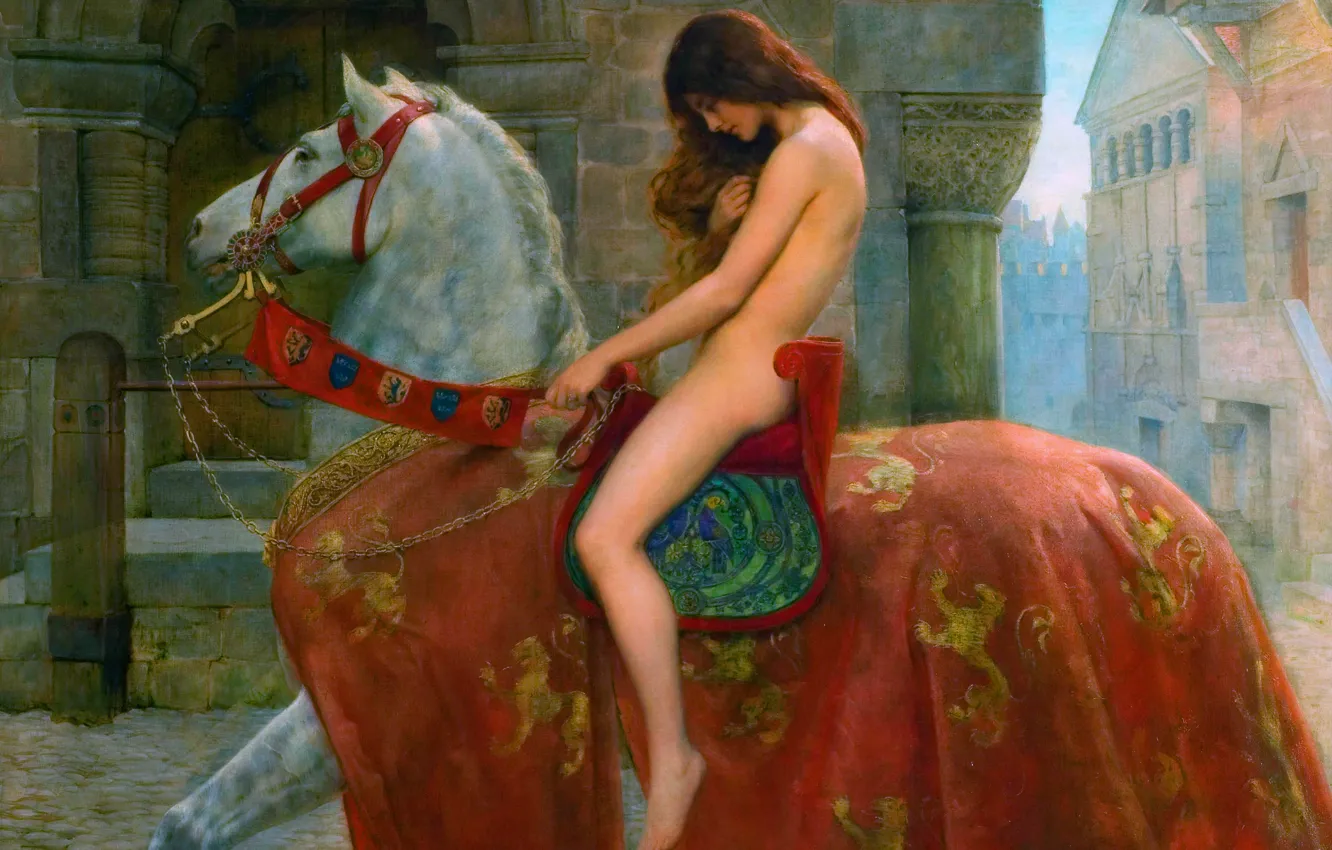 Photo wallpaper girl, horse, picture, Nude, Lady Godiva, English painter, John Painter Collier, John Collier