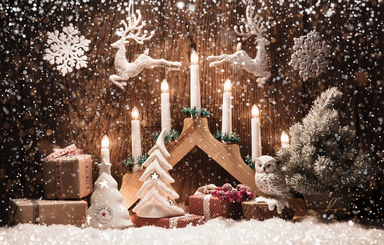 Photo wallpaper snowflakes, toys, candles, deer, Merry Christmas