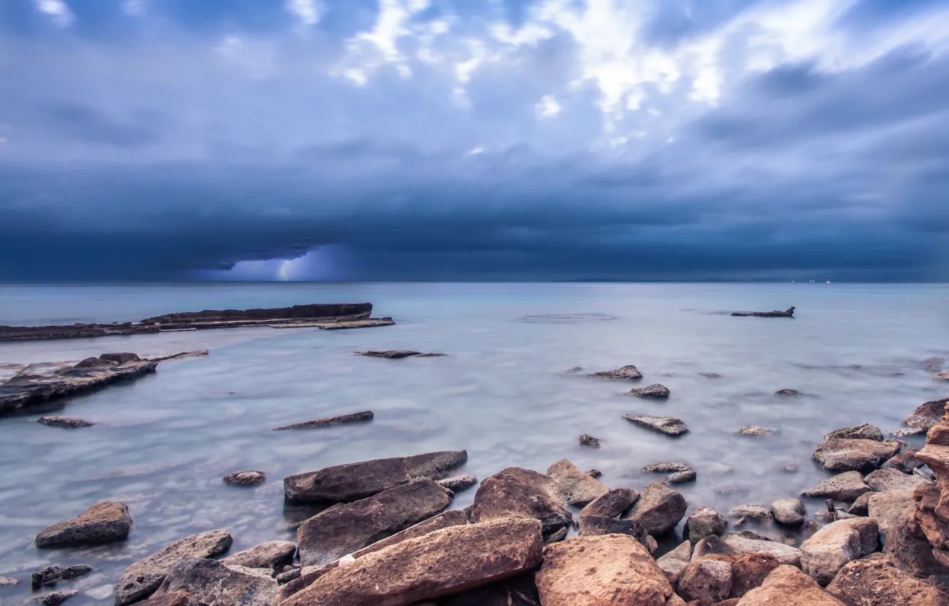 Photo wallpaper the storm, the sky, clouds, stones, the ocean, shore, lightning, Sea