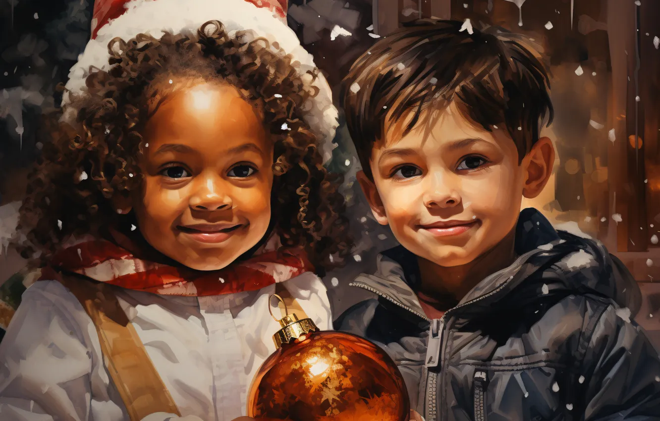 Photo wallpaper The evening, Boy, Smile, Children, Christmas, Ball, Girl, New year