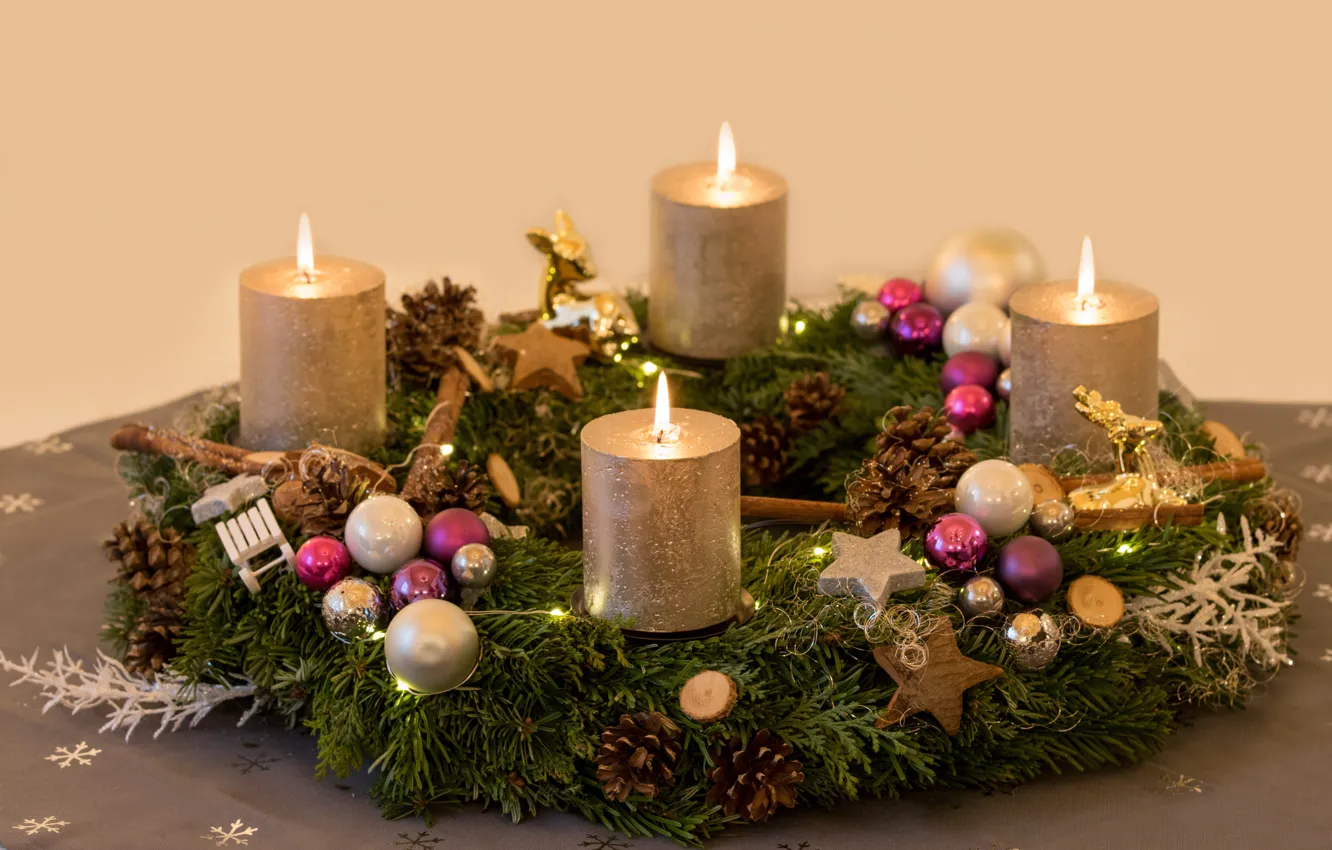 Photo wallpaper balls, holiday, candles, Christmas, New year, needles, wreath, bumps