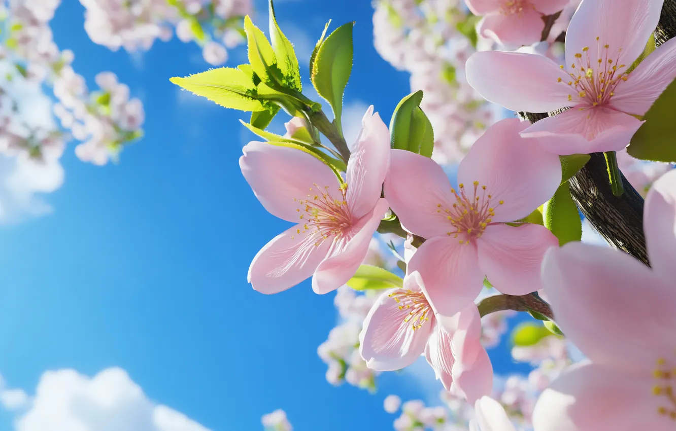 Photo wallpaper leaves, clouds, macro, light, flowers, branches, blue, spring