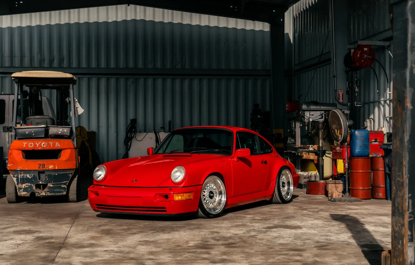 Photo wallpaper Porsche, Red, Front, 964, Garage, Porsche 964