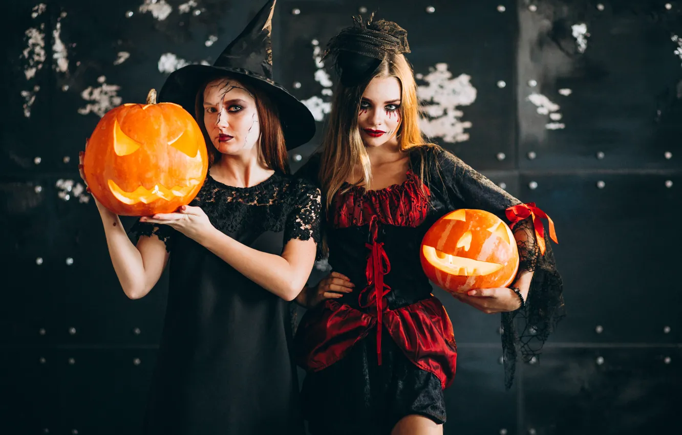 Photo wallpaper autumn, girl, the dark background, holiday, makeup, pumpkin, Halloween, witch