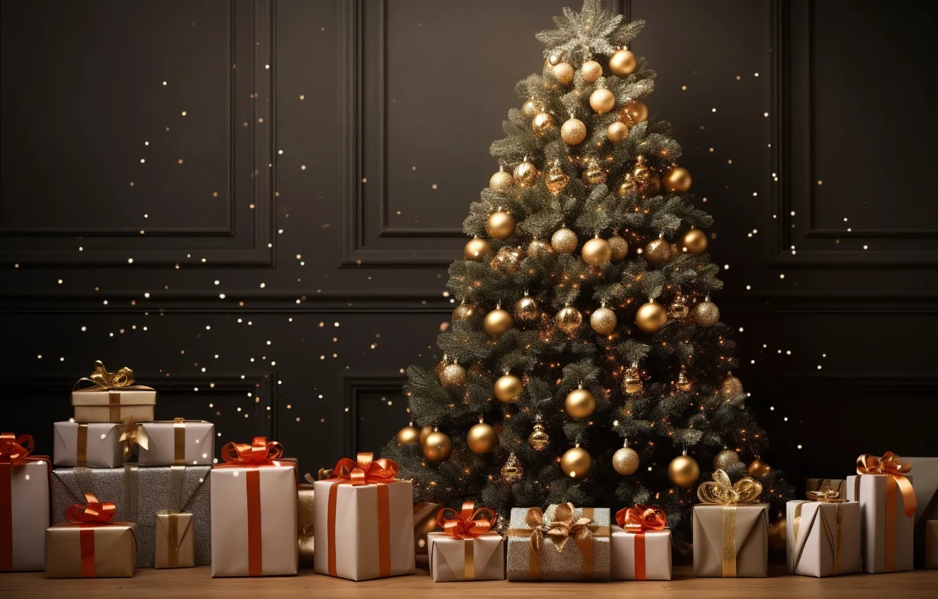 Photo wallpaper decoration, gift, balls, tree, new year, Christmas, golden, Christmas