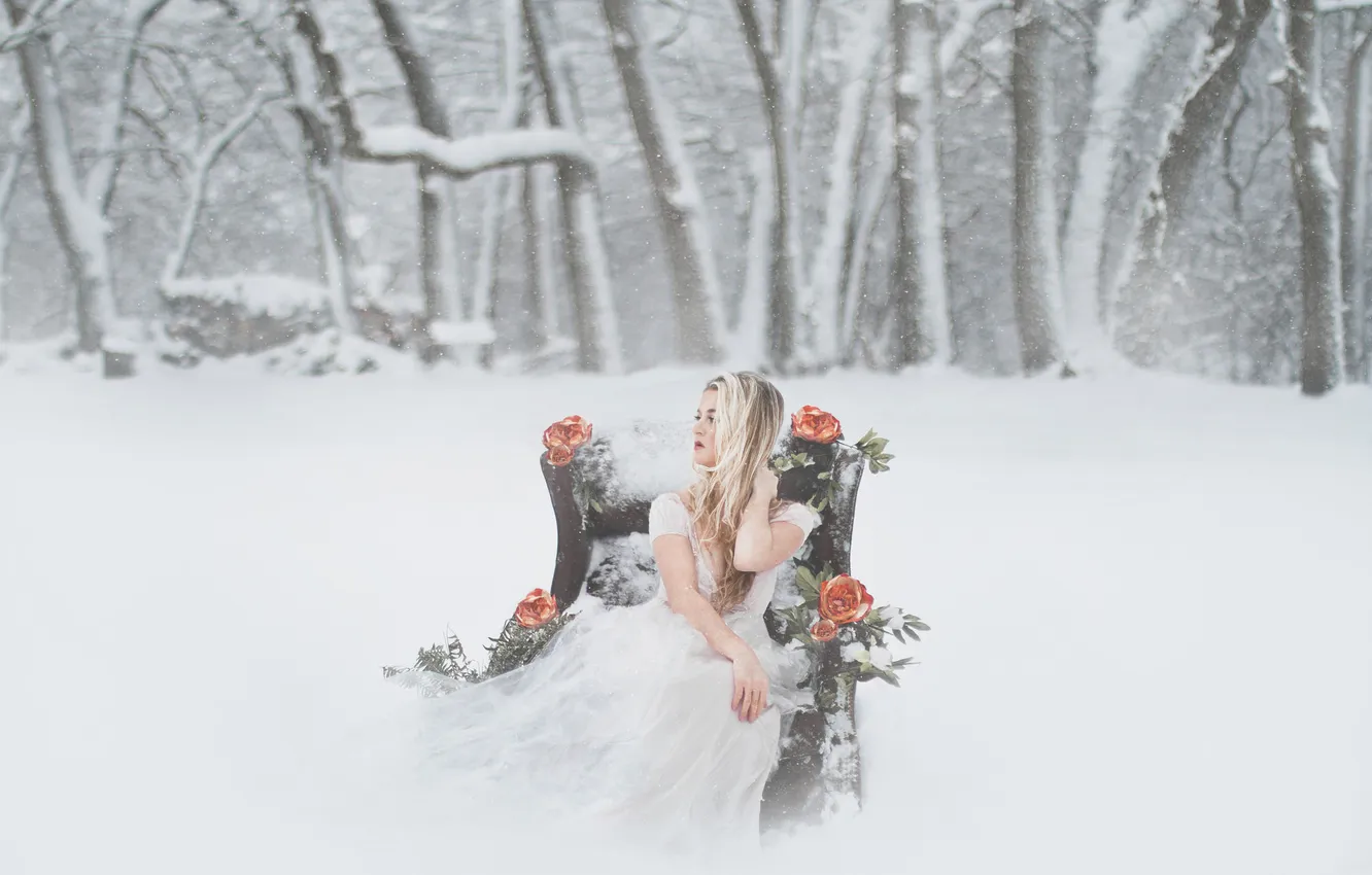 Photo wallpaper winter, snow, flowers, dress, blonde, the bride
