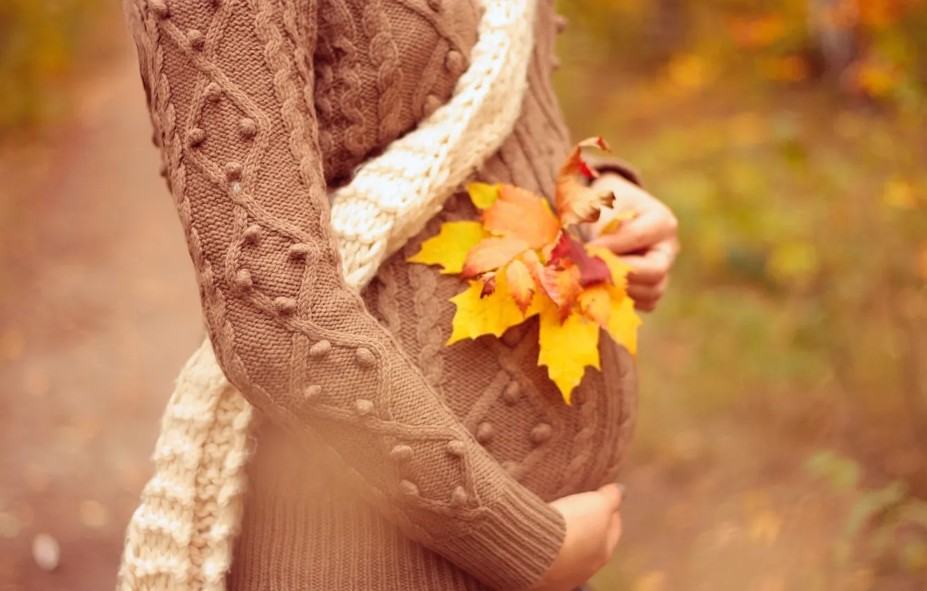 Photo wallpaper autumn, leaves, girl, scarf, sweater, pregnancy
