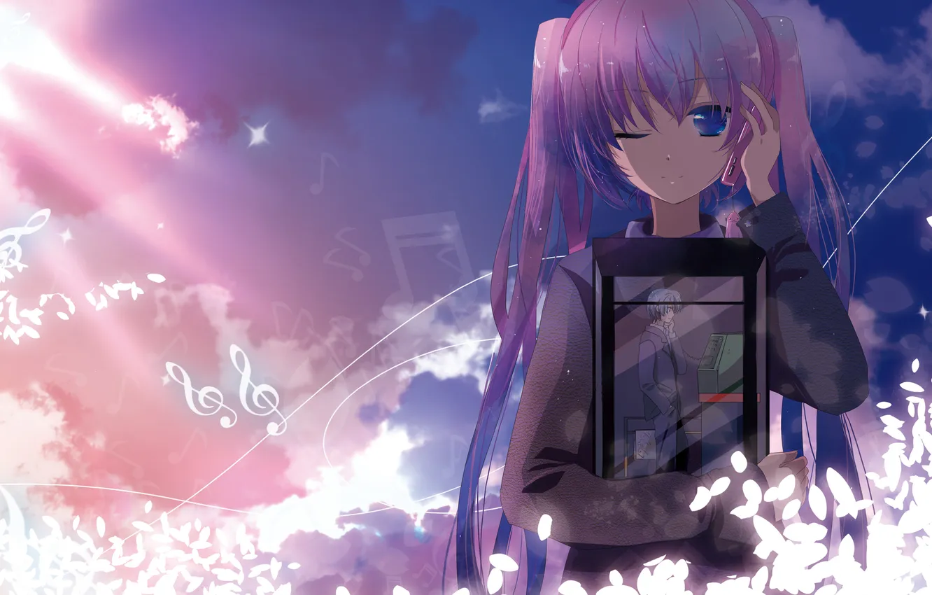 Photo wallpaper girl, abstraction, notes, petals, phone, guy, vocaloid, hatsune miku