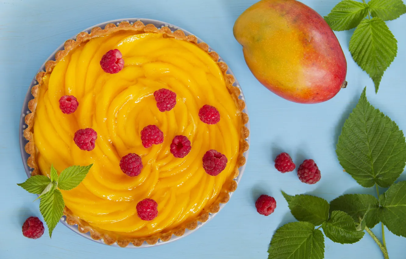 Photo wallpaper raspberry, leaf, mango, leaves, raspberry, mango, mango pie, mango cake