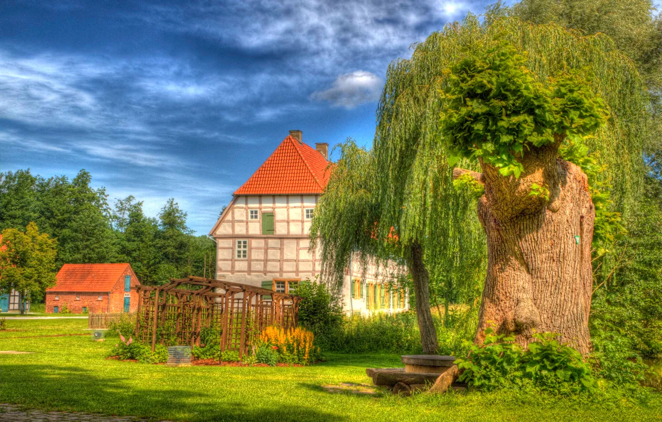 Photo wallpaper roof, the sky, grass, trees, house, yard
