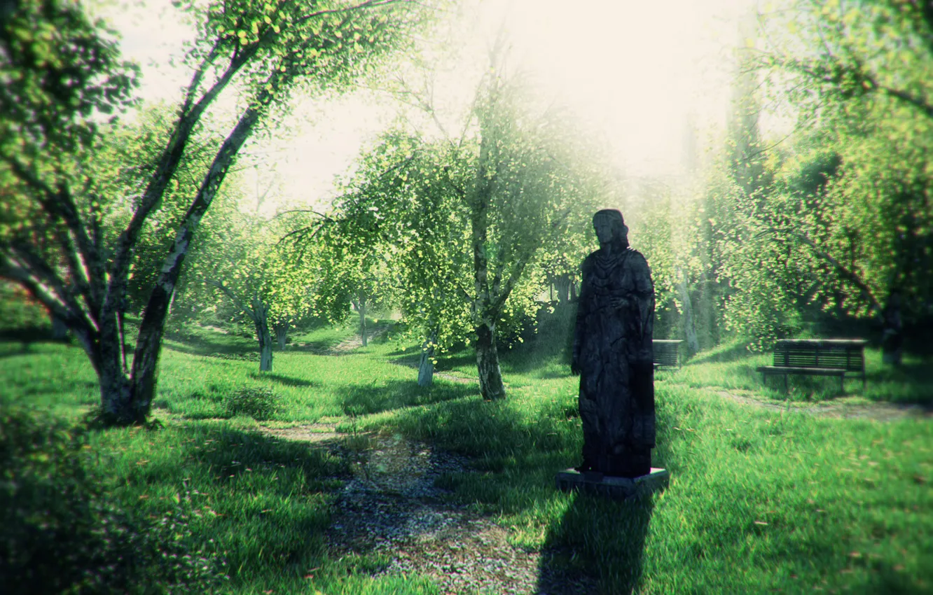 Photo wallpaper forest, grass, girl, trees, thickets, monument, birch