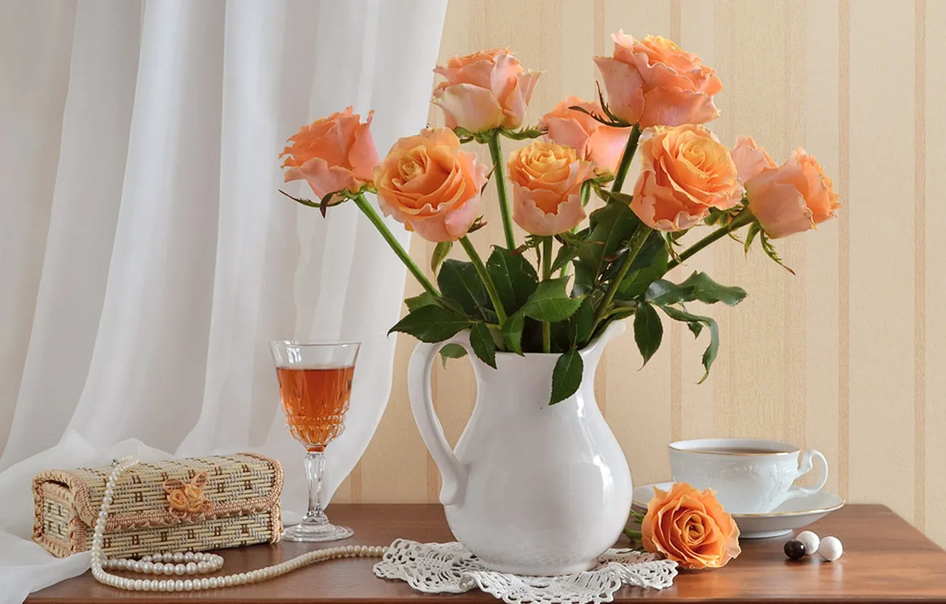Photo wallpaper glass, box, vase, glass, curtain, vase, a bouquet of roses, curtain