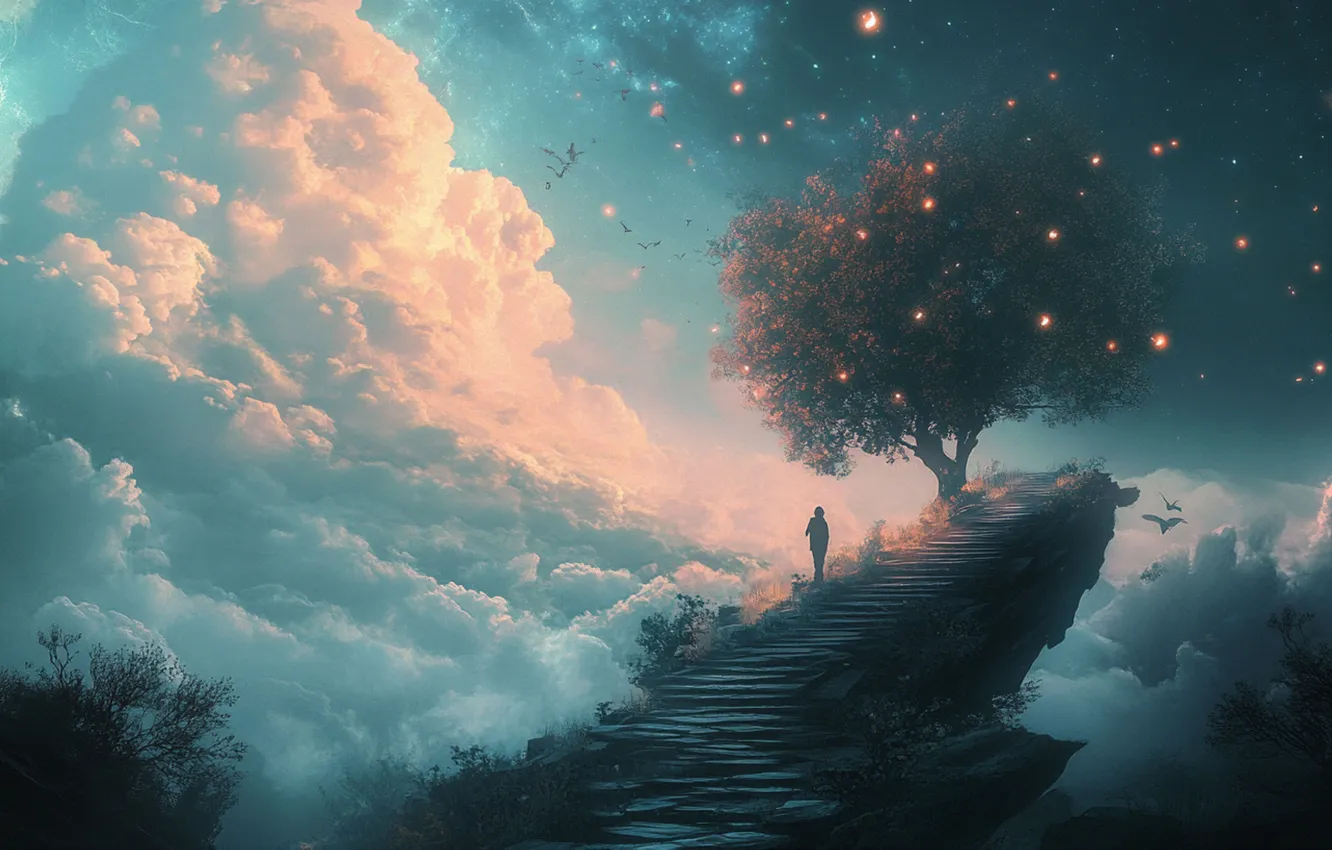 Photo wallpaper the sky, clouds, trees, night, lights, fog, dawn, smoke