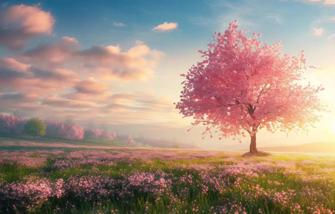 Photo wallpaper field, the sky, clouds, light, trees, landscape, flowers, nature