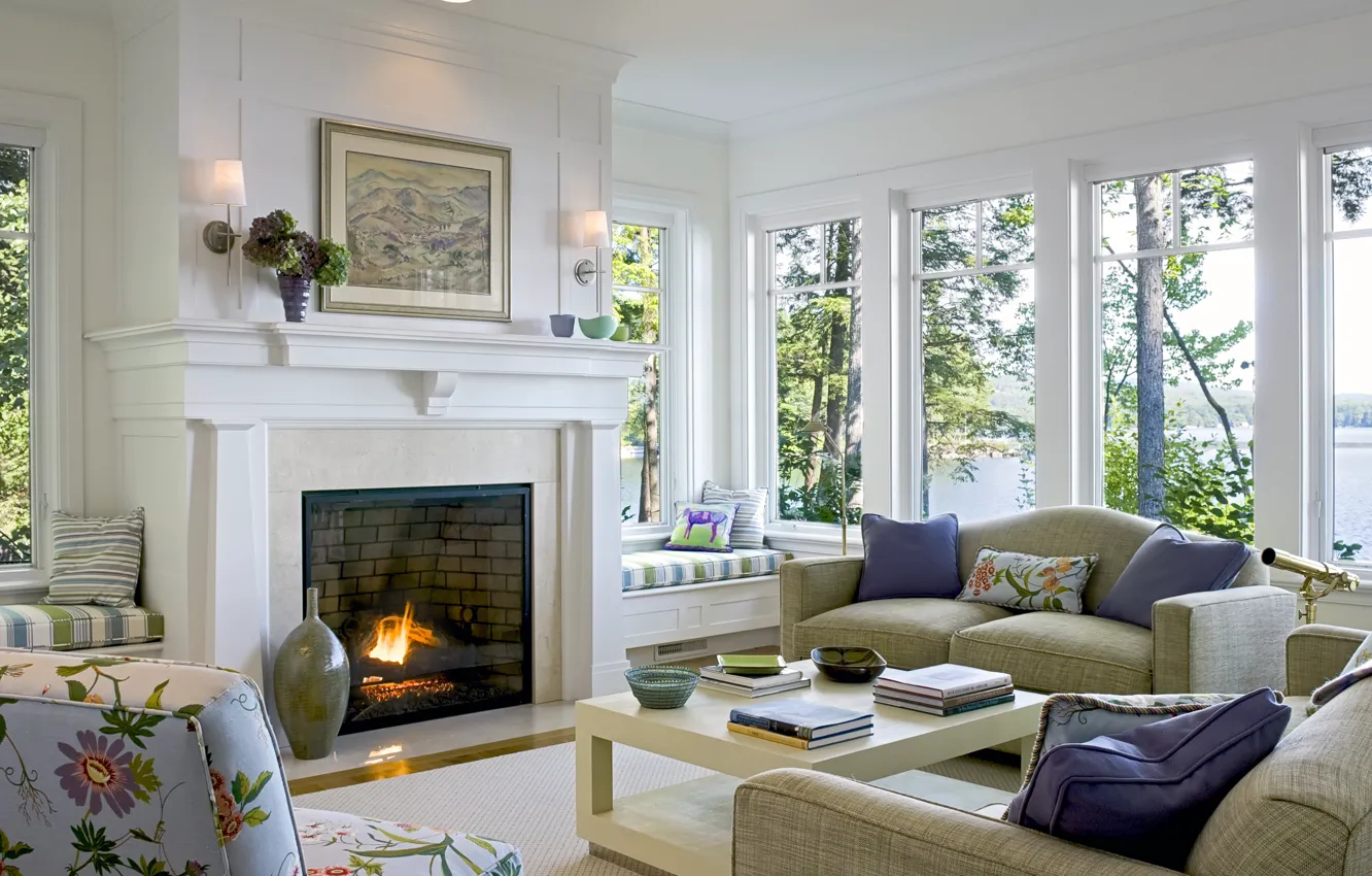 Photo wallpaper interior, fireplace, living room