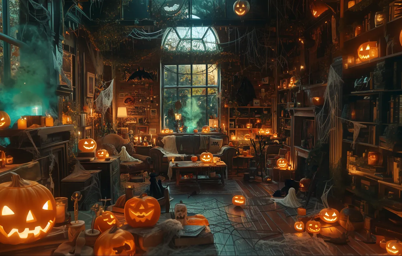 Photo wallpaper room, web, pumpkin, Halloween