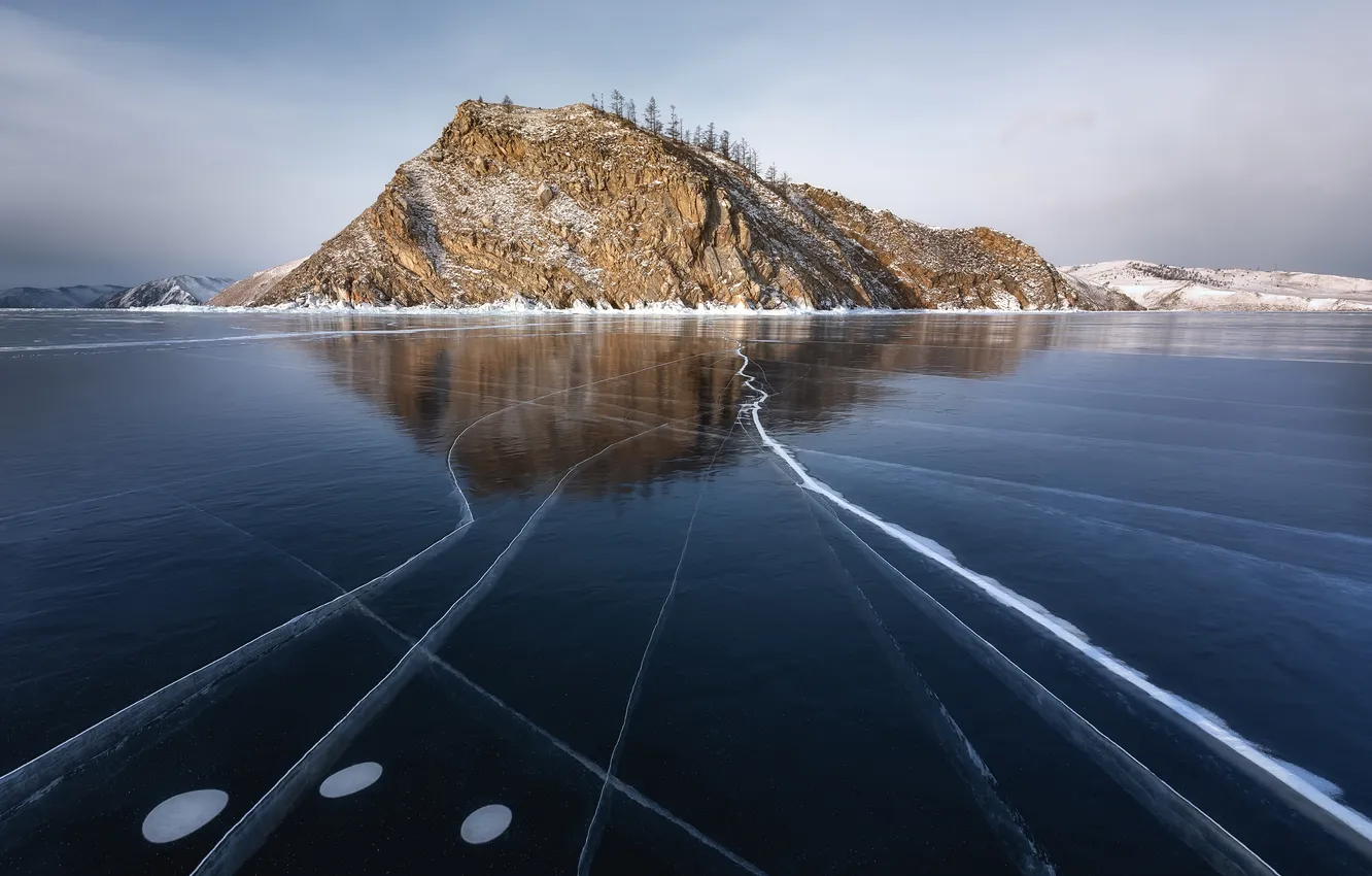 Photo wallpaper Frozen, ice, lake, rocks, snow, cold