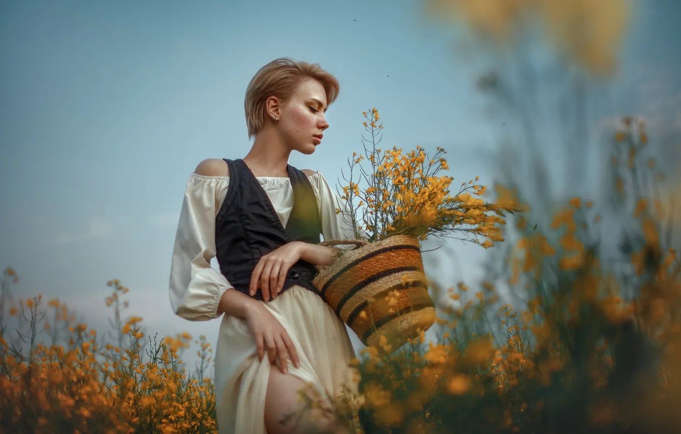 Photo wallpaper field, girl, flowers, basket, model, portrait, makeup, dress