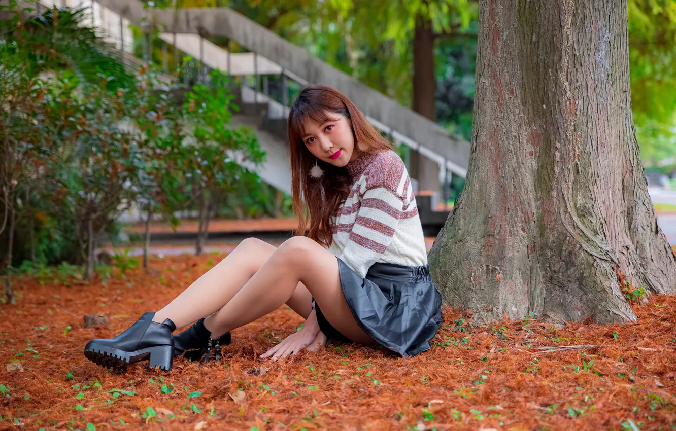 Photo wallpaper look, trees, model, skirt, portrait, makeup, figure, hairstyle