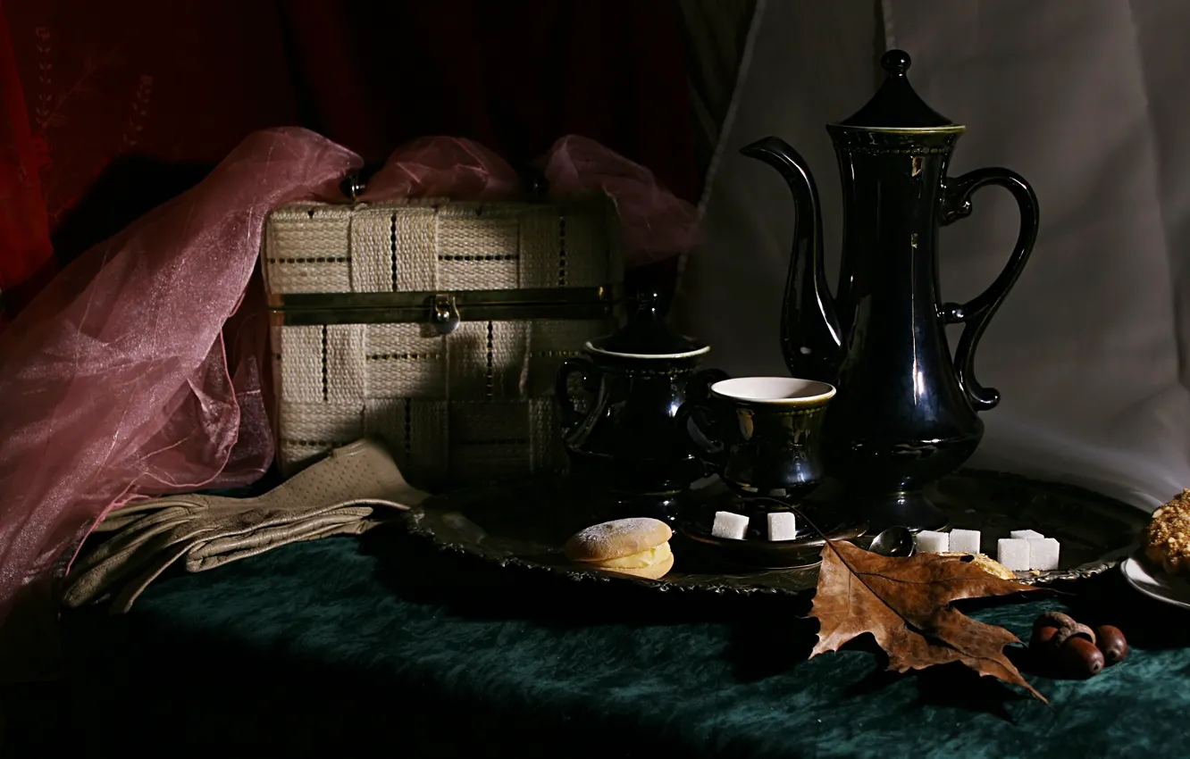 Photo wallpaper autumn, the dark background, leaf, kettle, cookies, the tea party, Cup, dishes