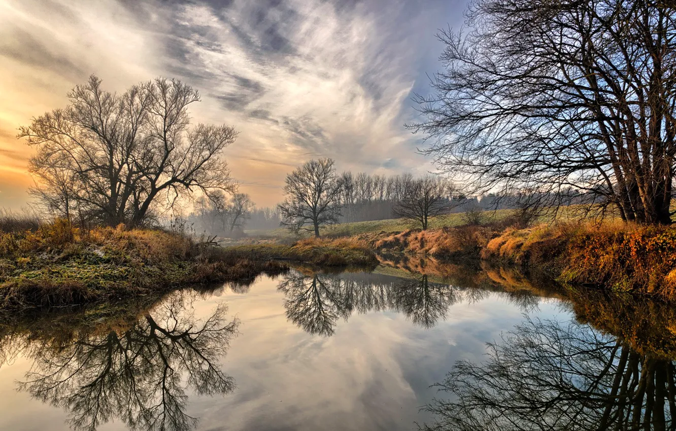 Photo wallpaper autumn, the sky, clouds, trees, landscape, reflection, river, the bushes