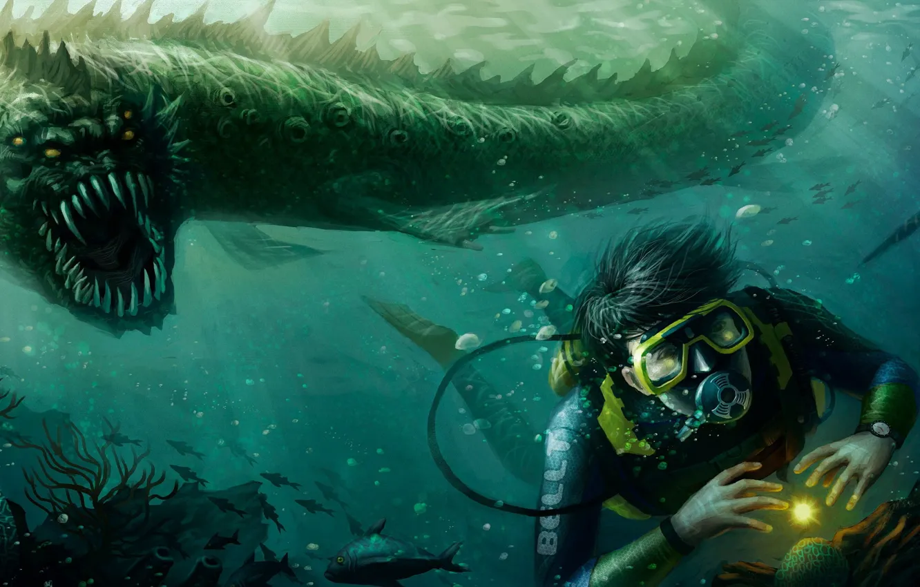 Photo wallpaper light, the diver, under water, the bottom of the sea, sea monster