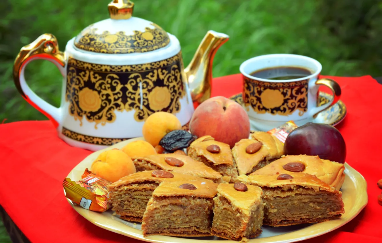 Photo wallpaper tea, sweets, nuts, baklava, honey