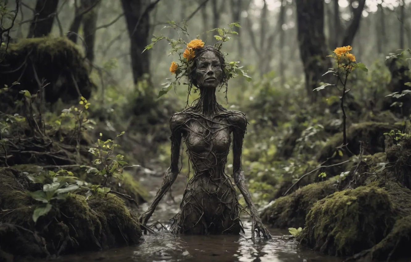 Photo wallpaper forest, girl, swamp, being