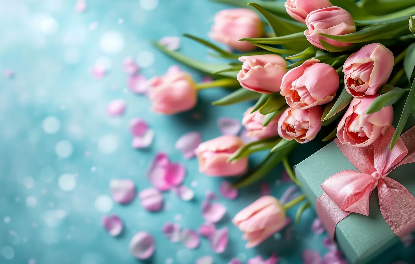 Photo wallpaper flowers, holiday, bouquet, spring, tulips, March 8, AI art, universal holiday background