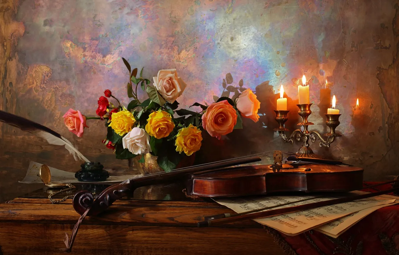 Photo wallpaper flowers, notes, violin, roses, candles, feathers, vase, table