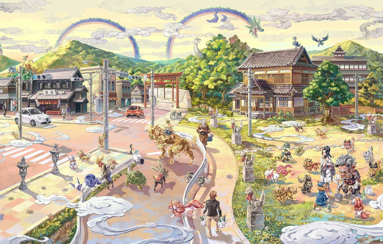 Photo wallpaper road, machine, children, the city, fiction, dragon, people, art