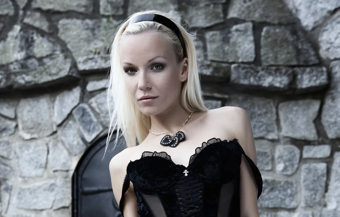 Photo wallpaper girl, background, blonde, stone wall