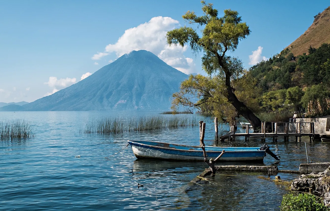 Photo wallpaper tree, boat, Guatemala, Guatemala, lake Atitlan, Volcan Atitlan, Lake Atitlan