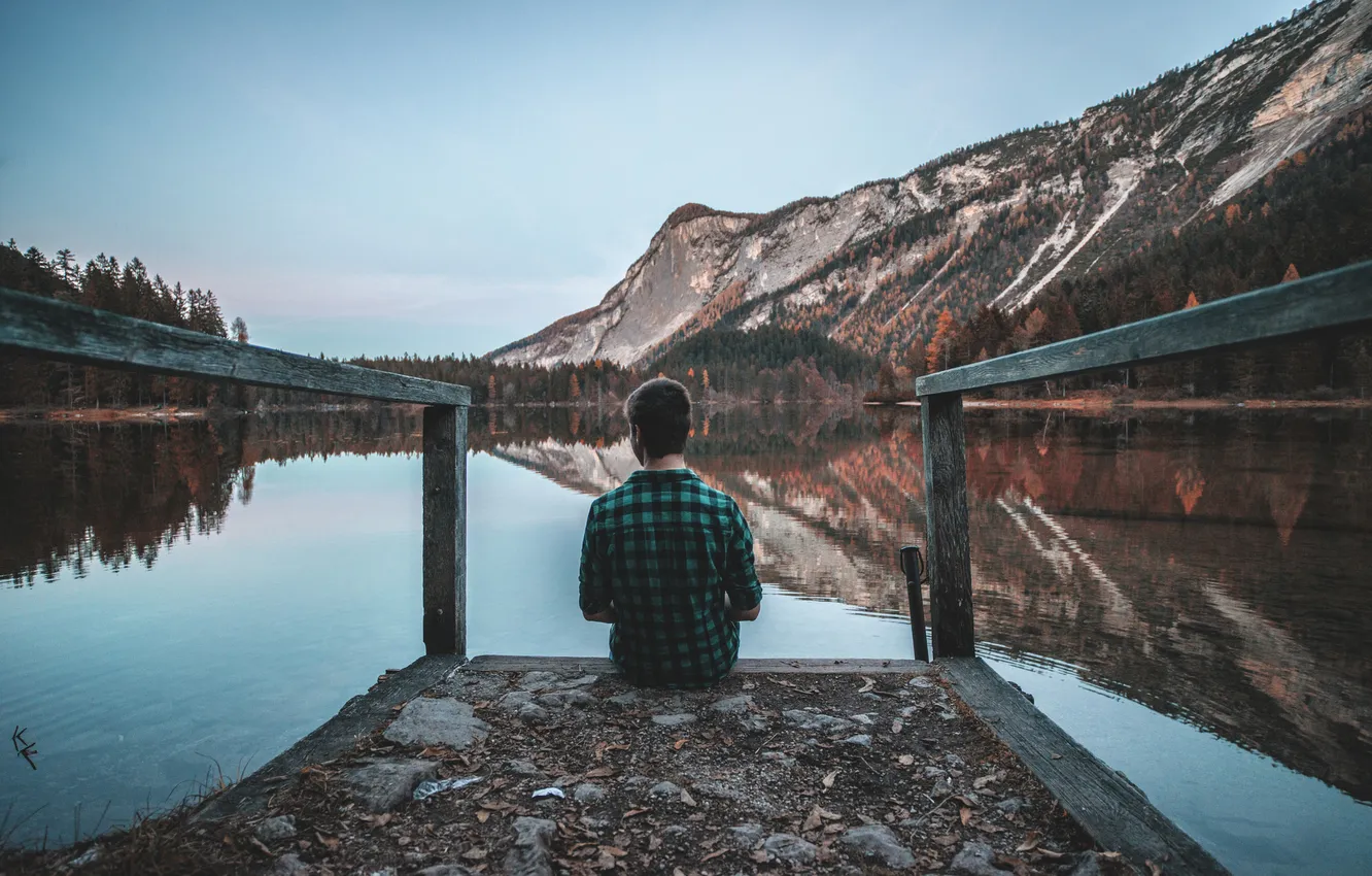 Photo wallpaper the sky, trees, mountains, lake, reflection, back, mirror, male