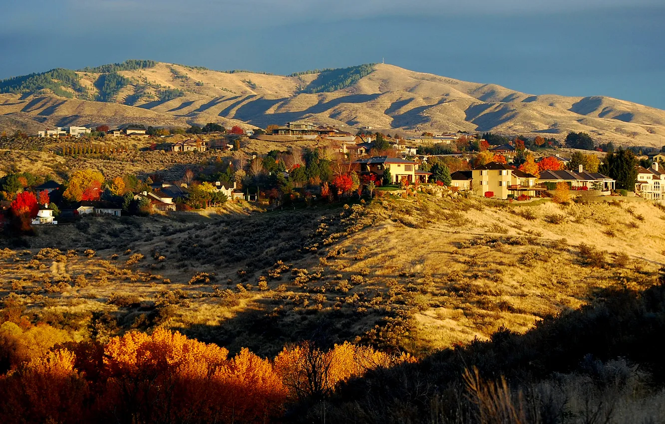 Photo wallpaper autumn, the sky, trees, mountains, home
