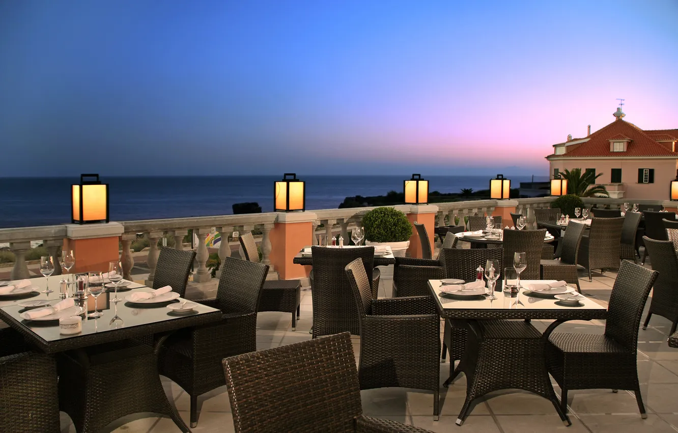 Photo wallpaper sea, stay, view, the evening, horizon, relax, restaurant, terrace